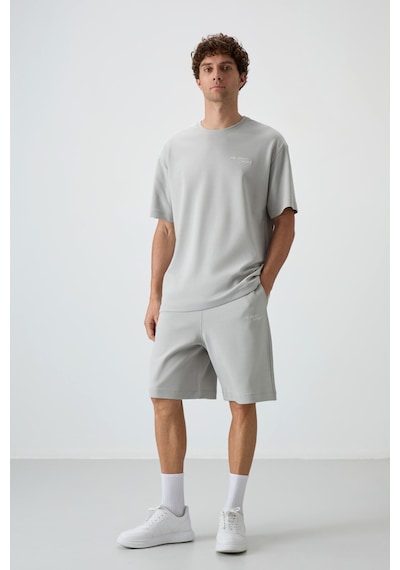 Taş Pamuklu Kalın Yumuşak Dokulu Oversize Fit Nakışlı Erkek Şort Takım - 85250