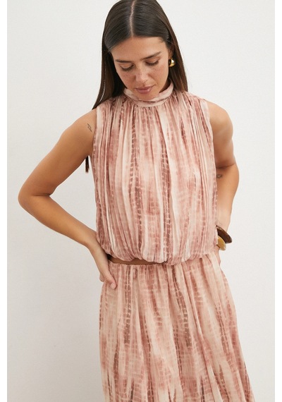 Uterpe Tie-dye Pliseli Crop Bluz Pembe