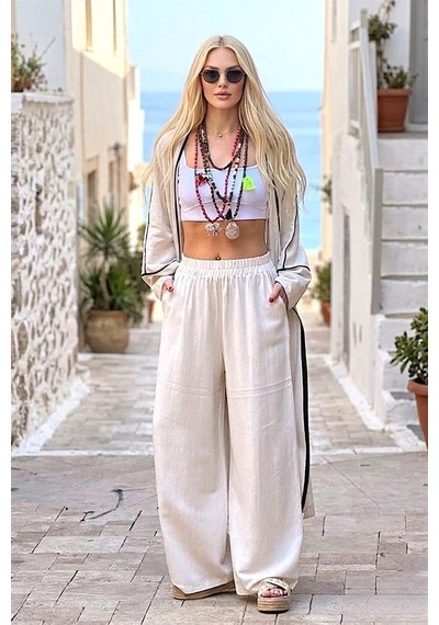 Genel Bej Siyah Bordürlü Keten Kimono Pantolon Takım