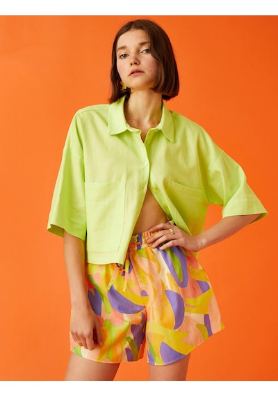 Koton Oversize Crop Kısa Kollu Gömlek Keten Karışımlı Yeşil 2sal60007ıw