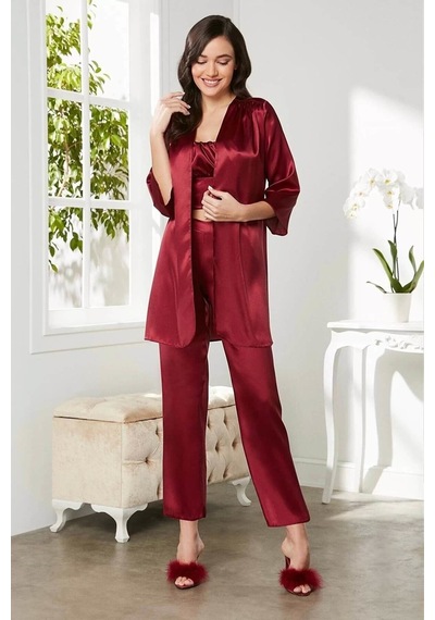 Pierre Cardin Kadife Saten 3'lü Pijama Takım 2075 Bordo 001