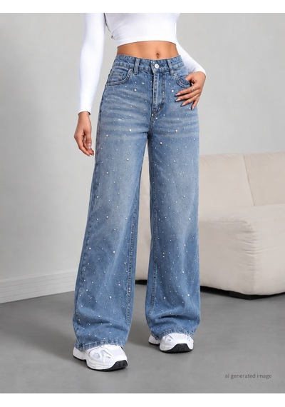 Bhrwear Kadın Yüksek Bel Taşlı Cep Detaylı Paçaya Doğru Genişleyen Kot Pantolon Renkli