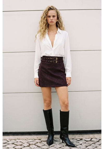 Sateen Süet Çift Kemerli Mini Etek - Bordo-137996