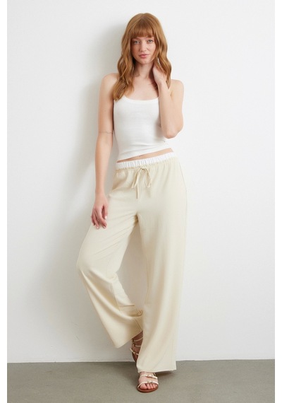 Never More Bel Bantlı Wide Leg Pantolon Krem Krem