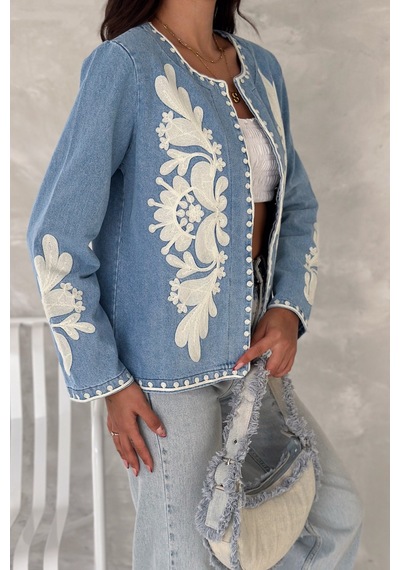 Femelle Kadın Mavi Vintage Nakışlı Kot Denim Ceket Lacivert