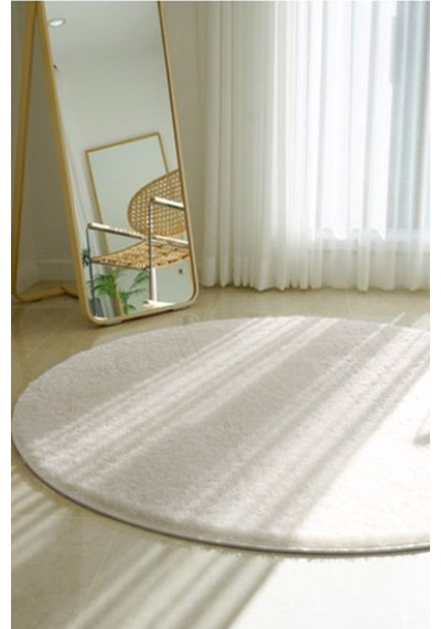 Krem Renkli Yumuşak Yüzeyli Kaydırmaz Yuvarlak Peluş Halı-246 Beyaz