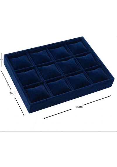 12 Bölmeli Ahşap Üzeri Baby Face Kumaş Saat Ve Takı Standı - Organizeri Ebat 35x24x5 Cm Lacivert
