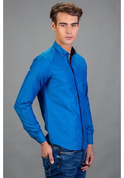 Tudors Slim Fit Dar Kesim Uzun Kol Poplin Oxford Erkek Gömlek-15569 Lacivert
