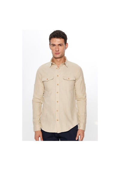 Tudors Erkek Slim Fit Dar Kesim Uzun Kollu %100 Pamuk Keten Doku Çift Cep Spor Yaka Taş Rengi Gömlek-29633 Taş