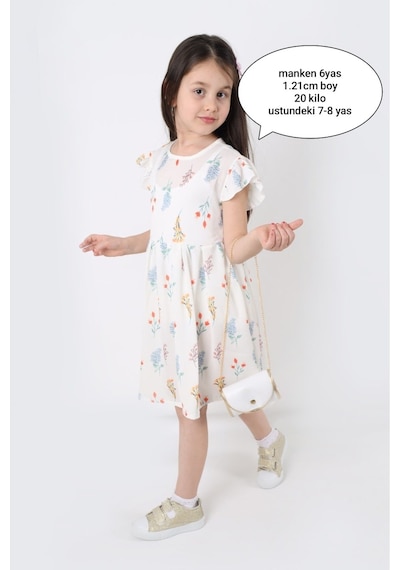Aden Kids Kız Çocuk Kuçük Çiçek Desenli Krep Kumaş Elbise Çanta Hediyeli - 2-8 Yaş, Günlük Ve Bayramlık Açık Sarı