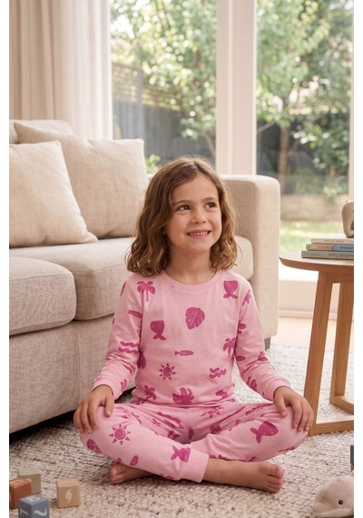 Zuzunga Deniz Temalı Pembe Renk %100 Pamuk Kız Çocuk Pijama Takımı Pudra