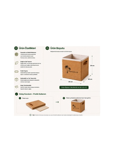 Jüt Dolap Düzenleyici Saklama Kutusu 30x30x30 Cm Katlanabilir Çok Amaçlı Organizer Sepet Doğal