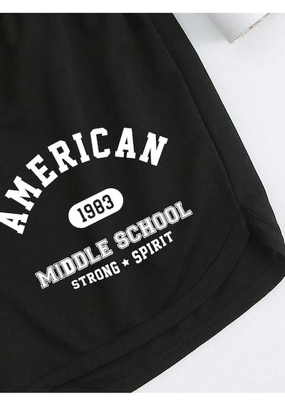 Letter Graphic Drawstring Waist Track Şort Siyah