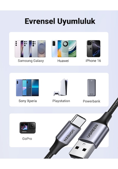 Ugreen Usb-c - Usb-a 3a Qc Örgülü Hızlı Şarj Kablosu, 1 M, Siyah, 60126