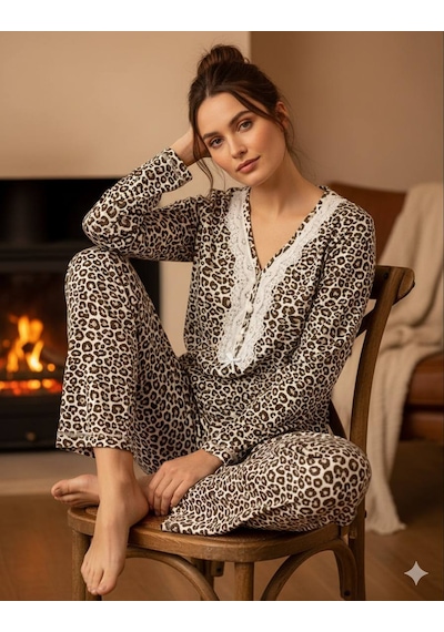 İnspira Lingerie Leopar Ve Çiçek Desenli Pamuklu Penye Kumaş Pijama Takımı Leopar