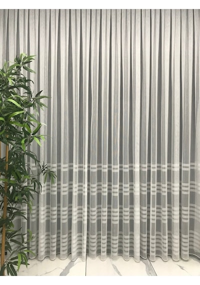 Etek Çizgili Keten Düz Tül 1/3 Sık Pile Ekru