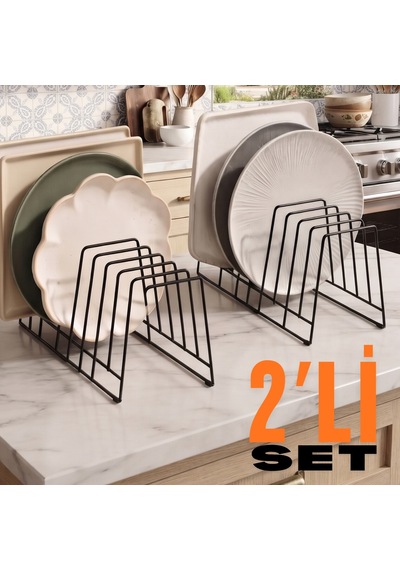 Miradate 2 Adet 10 Bölmeli Metal Tabaklık Organizer - Tezgah Üstü Tabak Düzenleyici Siyah Dolap İçi Tabak Standı