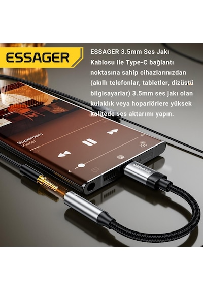 Essager 15cm Type C To 3.5mm Aux Kulaklık Ses Dönüştürücü Adaptör, Hifi Ses Destekli Aux Çevirici