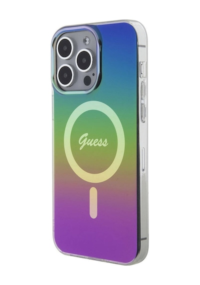 Apple Uyumlu iPhone 15 Pro Kılıf Guess Lisanslı Magsafe Şarj Özellikli Yazı Logo Iridescent Siyah