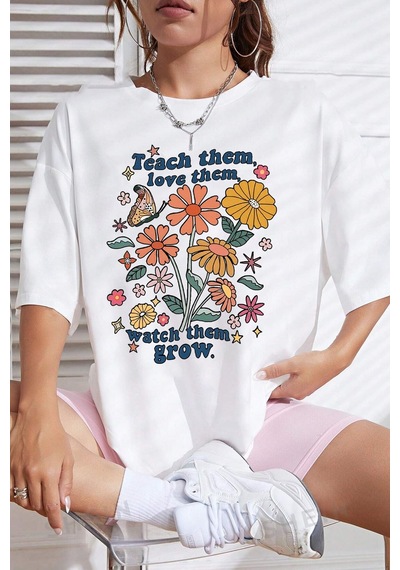 Unisex Flowers Baskılı Oversize Tshirt Beyaz