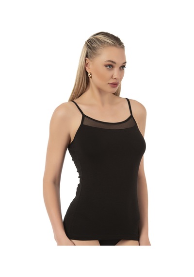 Özkan Underwear Özkan 26819 Kadın Pamuklu Modal Tül Detaylı İnce Askılı Atlet Siyah