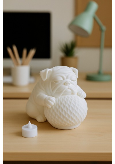 Bulldog Tasarımlı 3d Dekoratif Masa Lambası, Estetik Çocuk Odası Gece Lambası, Tealight 25 X 25 Cm Beyaz
