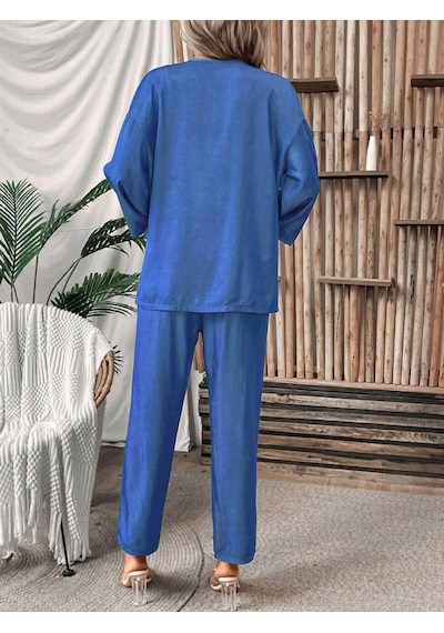 Tua Moda Kadın Uzun Kollu Önü Açık Dokuma Ceket Ve Pantolon Ikili Takım Mavi