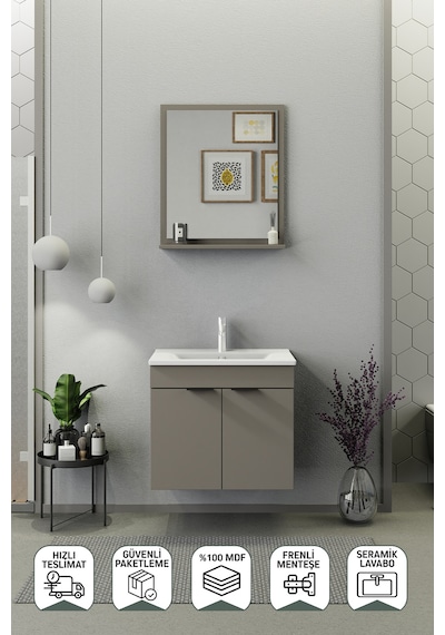 Biani Fix Arya 65 Cm Banyo Dolabı,Seramik Lavabolu, Aynalı,Lavabo Dahil,Mdf,Latte Biani Fix Arya 65 Cm Banyo Dolabı,Seramik Lavabolu, Aynalı,Lavabo Dahil,Mdf,Latte