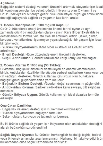 Ocean Vitamin C 1000 Mg 30 Tablet + Ocean Koenzim Q10 200 Mg 30 Kapsül