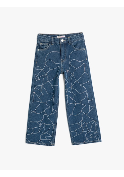 Koton Taş Detaylı Geniş Paça Cepli Pamuklu Kot Pantolon - Wide Leg Jean Orta İndigo 5skg40052ad Indigo