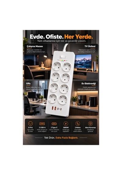 Robeve Fulltech 3680w 8 Li Akım Korumalı Uzatma Prizi - 2 Usb-a 2 Type-c, 2 Metre Kablo, Akıllı Koruma Sistemli Çoklu Priz Çoğaltıcı Grup Priz 8'li Priz 8'li Fiş Grup Fiş 2 M