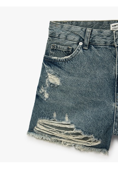 Koton Yıpratma Detaylı Pamuklu Rahat Kalıp Mini Denim Şort Orta İndigo 6sal40031md