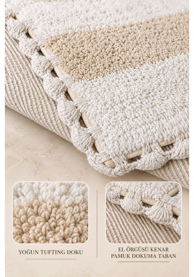 Alanur Bodrum Tufting Cotton Pamuklu El Işi Örgülü 2 Li Paspas 112 Beyaz - Ekru