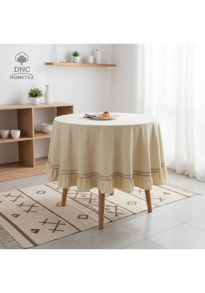 Dnc Home Tekstil Premium Keten Sarı Yuvarlak Fırfırlı Özel Seri Masa Örtüsü Sarı