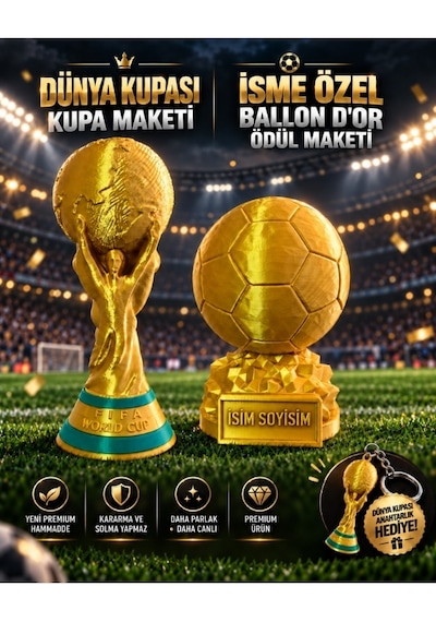 Dünya Kupası Ve İsime Özel Ballon D'or Futbol Ödülü Maketi Seti Dünya Kupası Anahtarlık Hediyeli 20cm