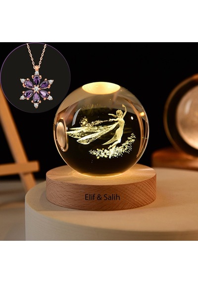 Büyük Boy Işıklı Ahşap Kaideli Elsa Cam Küre 8cm Ve Lotus Çiçeği