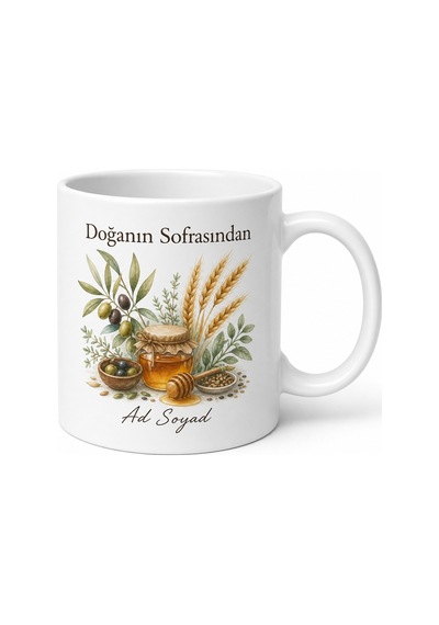 Organik Kahvaltı Temalı Baskılı Kupa Bardak Özel Tasarım Hediye Beyaz / Çok Renkli