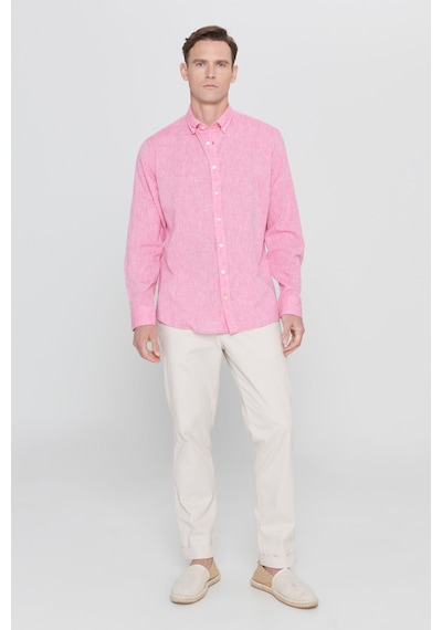 Ac&Co / Altınyıldız Classics Erkek Fusya Comfort Fit Rahat Kesim Düğmeli Yaka Casual Keten Gömlek Fusya Fuşya