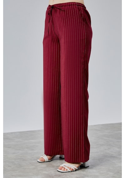 Genius Store Kadın Pantolon Geniş Paça Yüksel Bel Cepli Çizgili Pantolon Çizgili-pantolon Bordo