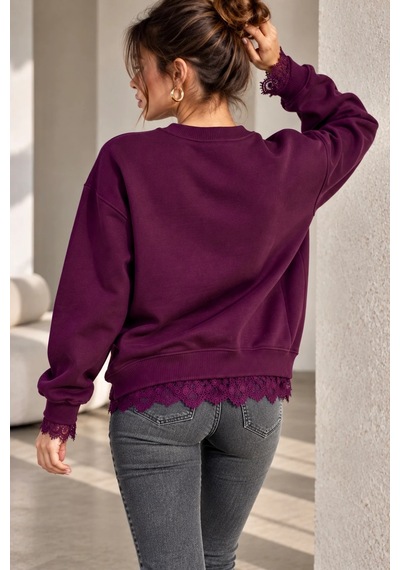 Bb Butik Basic Dantel Detaylı 3 İplik Şardonlu Kadın Sweatshirt My3535 Bordo