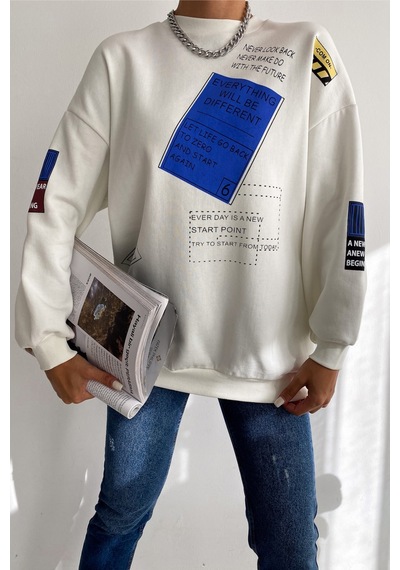 Femelle Kadın Beyaz Düşük Omuz 3 İplik Şardonlu Oversize Pamuk Sweatshirt