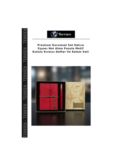 Premium Kurumsal Set Hatıra Eşyası Not Alma Pusula Motif Kutulu Kırmızı Defter Ve Kalem Seti Çok Renkli