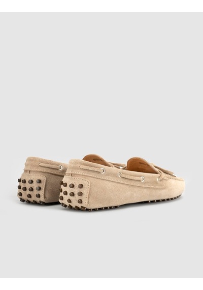 Bej Hakiki Deri Bağcıklı Günlük Loafer Mokasen Kadın Ayakkabı
