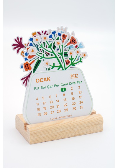 Ahşap Standlı Özel Kesim Botanik Çiçek Tasarımlı 2027 Masaüstü Takvimi 8,5x11 Cm - Estetik Yeni Yıl Hediyesi Çok Renkli