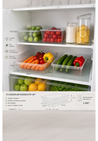 Porsima 3183 2'li Şeffaf Buzdolabı İçi Düzenleyici Organizer Seti 4 Lt 20x32x7 Cm