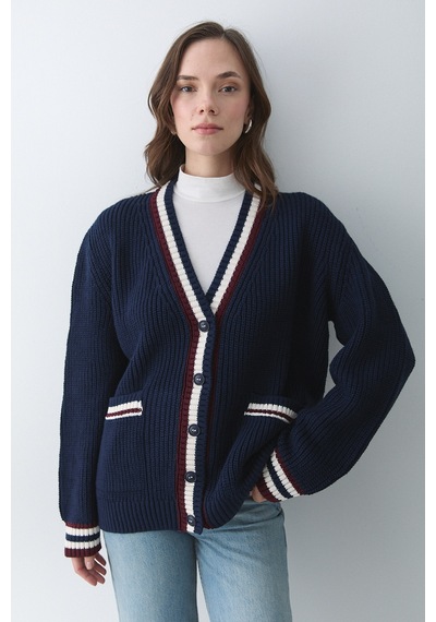 Laluvia Lacivert - Bordo Renkli Cepli Hırka - 241143 Lacivert