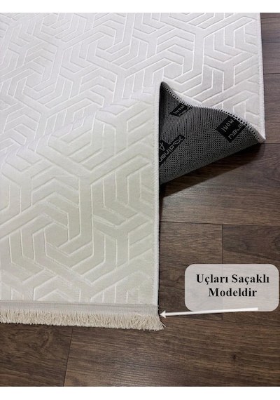 Dinar Armoni Saçaklı Kaymaz Tabanlı Kesme Kabartmalı Yıkanabilir Salon Koridor Halı Yolluk Krem