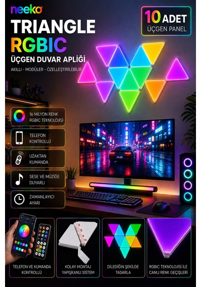 Triangle Rgbıc Üçgen Duvar Apliği Telefon Ve Kumanda Kontrollü Özelleştirilebilir 10 Parça Rgb-ıc