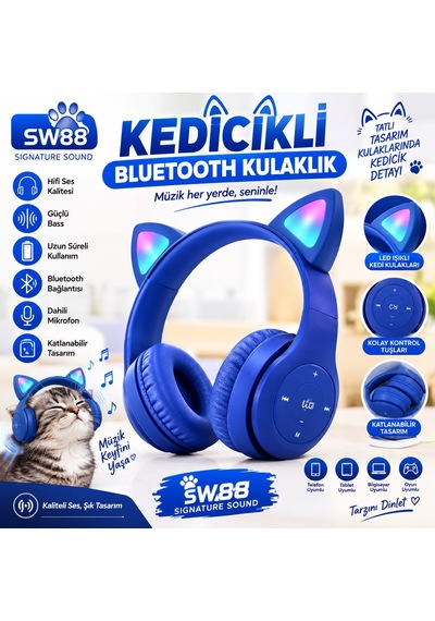 Kedicikli Led Işıklı Bluetooth Kulaklık Mavi - Bayi Depom