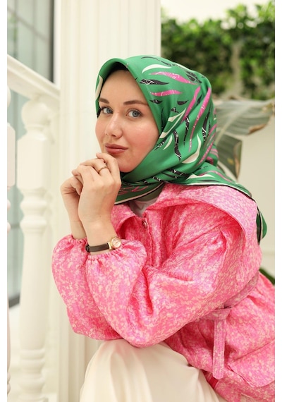 Silk Home Yeşil Pembe Desenli Tivil İpek Eşarp 11432-58 Çok Renkli